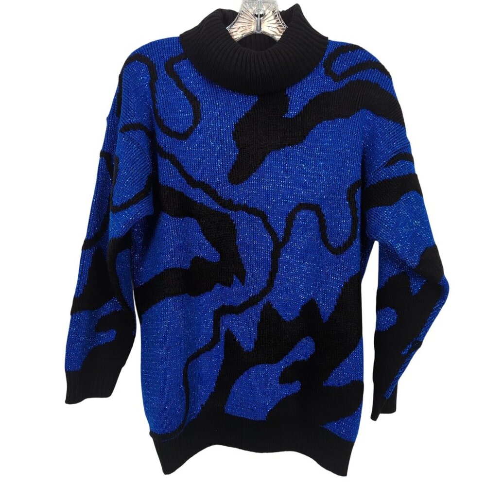 Vintage 80s ROSE Sweater Made in USA Blue‎ Black Abstract Metallic Turtleneck